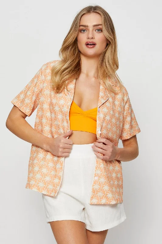 Retro Print Relaxed Shirts Short Sleeve Collared V-Neck T-Shirt Long Sleeve Cotton