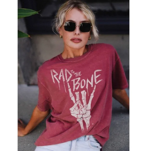 Vintage Mauve Brick Rad to the Bone Rock Skeleton Graphic Tee T-Shirt Casual Chenille Brocade Lace Vintage Mauve Brick Rad to the Bone Rock Skeleton Graphic Tee T-Shirt Casual Chenille Brocade Lace