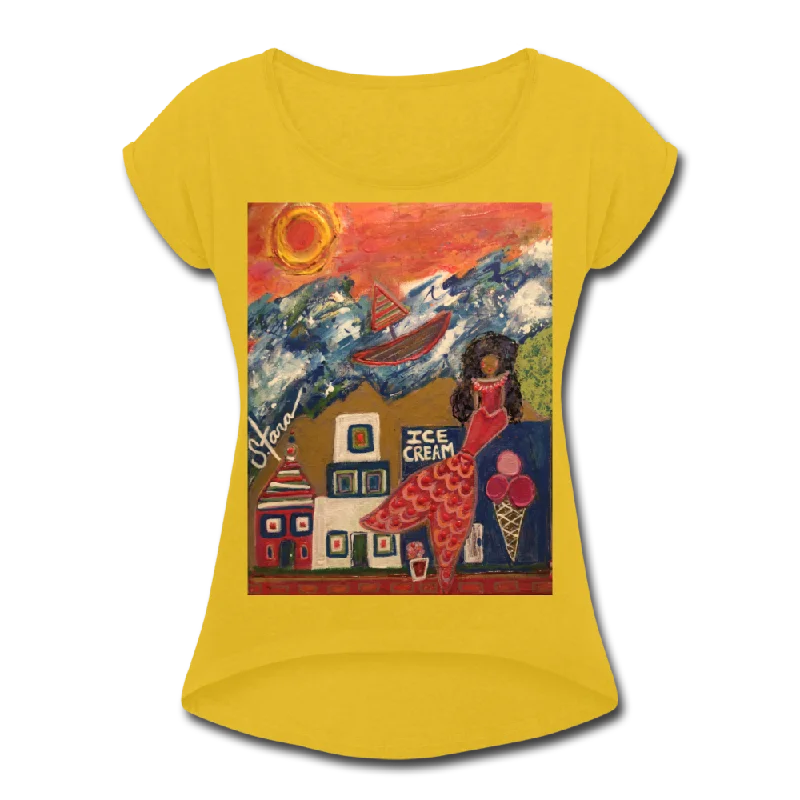 Women's Roll Cuff T-Shirt Boxy Fit Fitted Loose