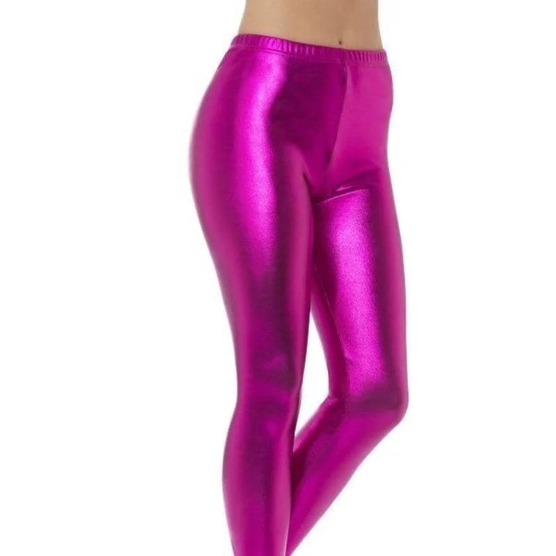 80s Metallic Disco Leggings Adult Pink Fashionable Full-Length Active Leggings