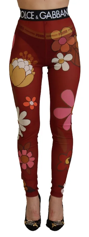 Dolce & Gabbana Floral Red High Waist Leggings Stylish Pockets Active Leggings