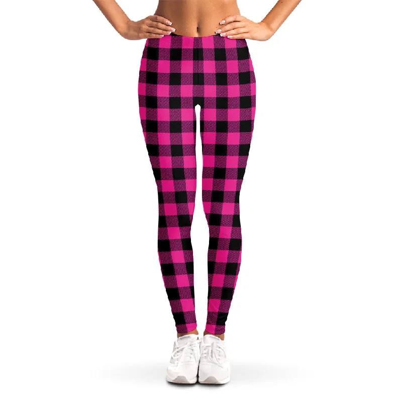 Hot Pink And Black Buffalo Check Print Women's Leggings Trendy Patterned Leggings