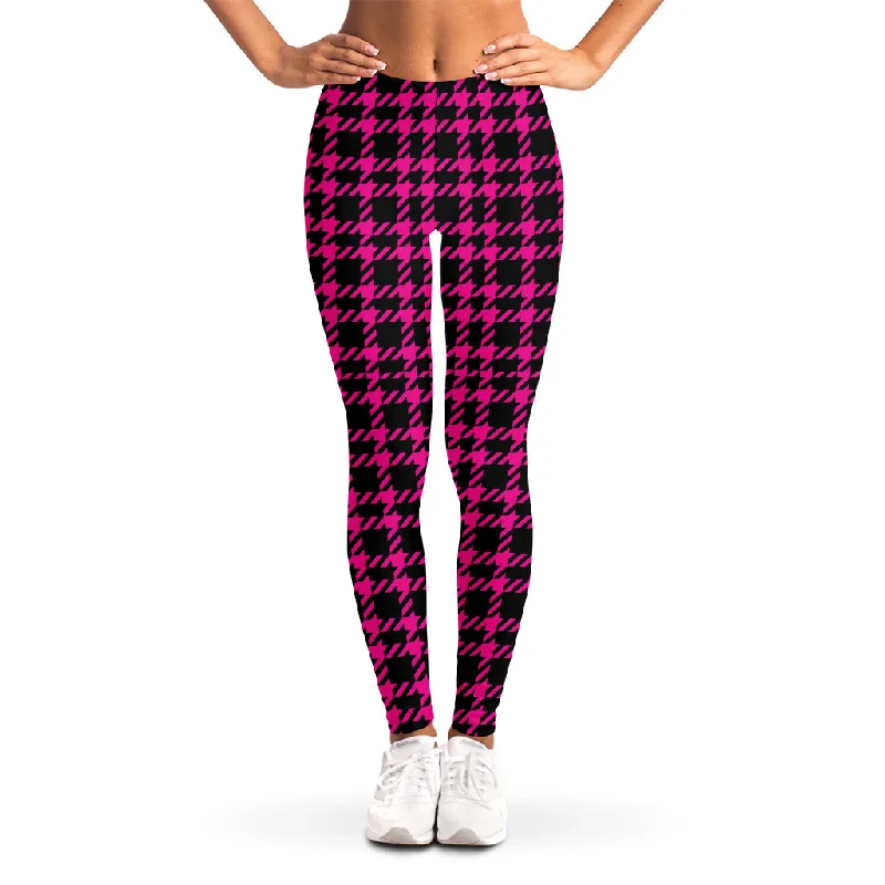 Hot Pink And Black Houndstooth Print Women's Leggings Cozy Bootcut Leggings