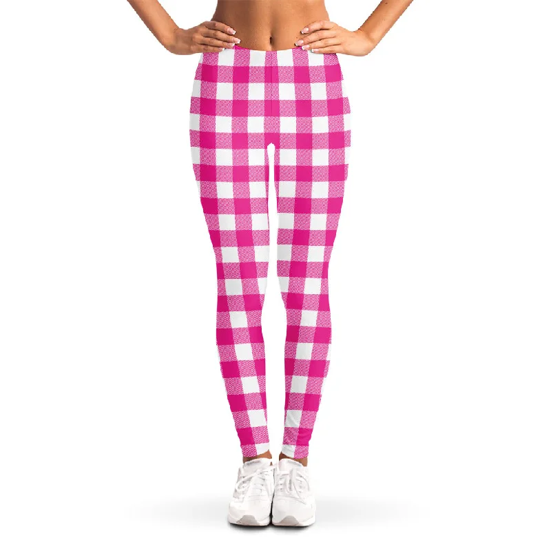 Hot Pink And White Buffalo Check Print Women's Leggings Stylish Yoga Leggings
