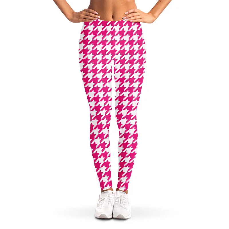 Hot Pink And White Houndstooth Print Women's Leggings Comfortable Wide-Band Leggings Hot Pink And White Houndstooth Print Women's Leggings Comfortable Wide-Band Leggings
