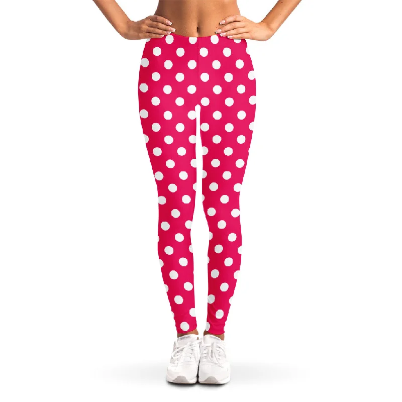 Hot Pink And White Polka Dot Print Women's Leggings Casual Sporty Leggings