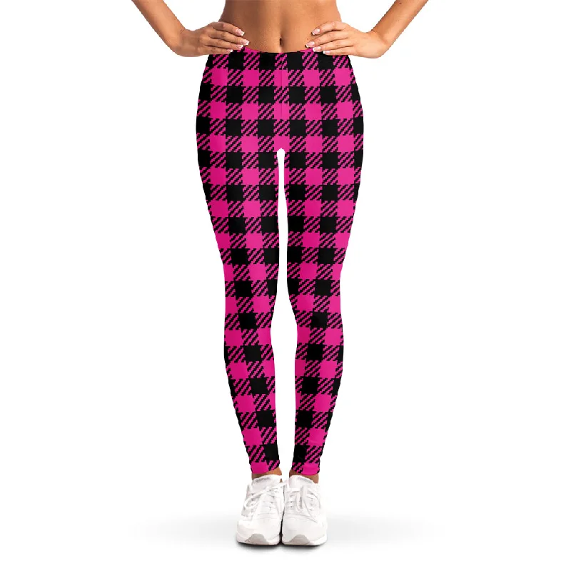 Hot Pink Buffalo Plaid Print Women's Leggings Trendy Full-Length Leggings