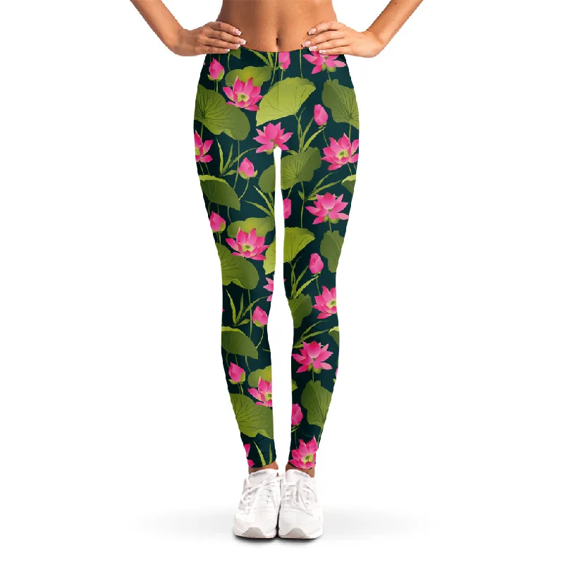 Hot Pink Lotus Pattern Print Women's Leggings Fashionable Minimal Active Leggings