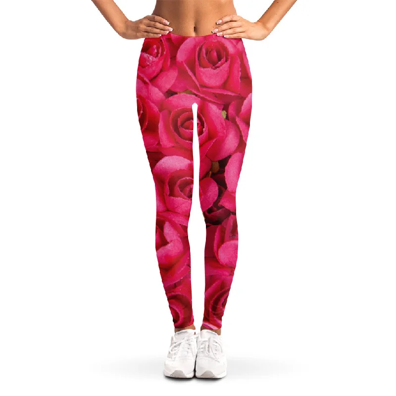 Hot Pink Rose Print Women's Leggings Fashionable Moisture-Wicking Leggings