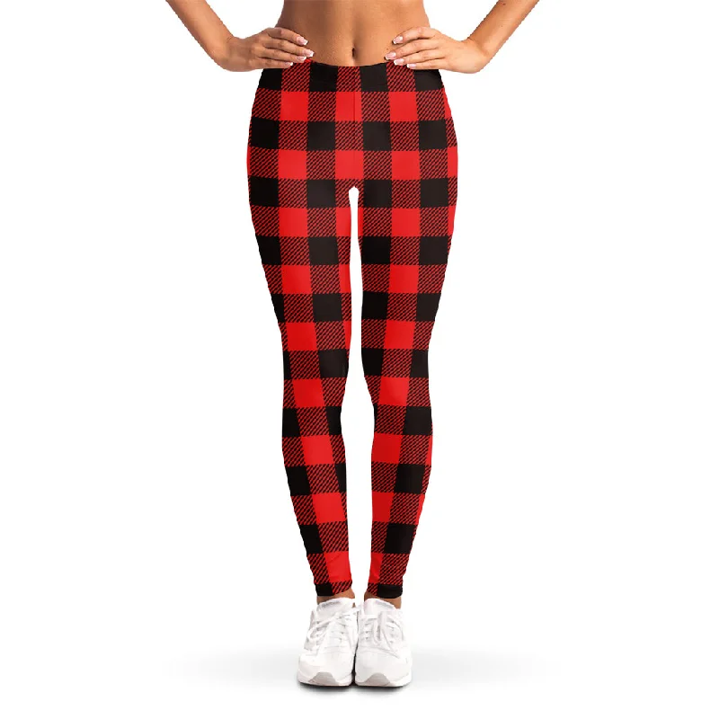 Hot Red Buffalo Plaid Print Women's Leggings Trendy Colorblock Print Leggings