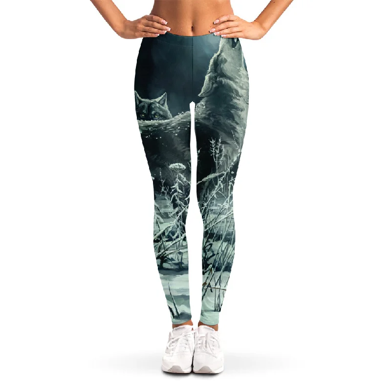 Howling Snowy Wolf Painting Print Women's Leggings Elegant Casual Fit Leggings