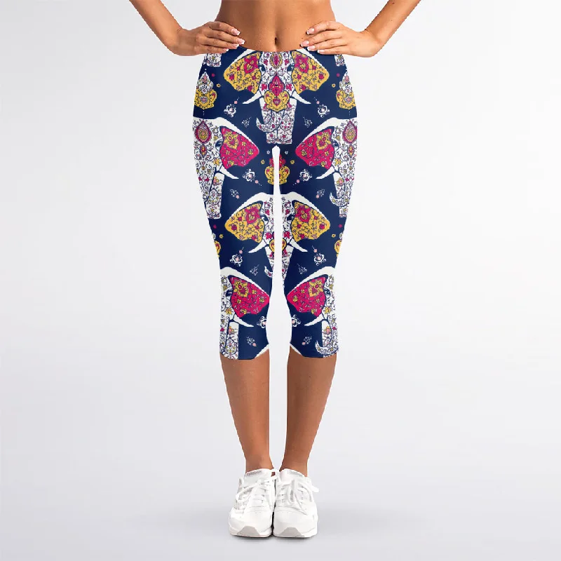 Indian Floral Elephant Pattern Print Women's Capri Leggings Elegant Satin Finish Leggings Indian Floral Elephant Pattern Print Women's Capri Leggings Elegant Satin Finish Leggings