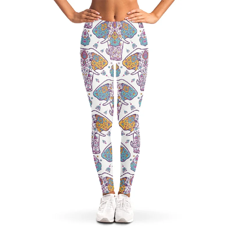 Indian Flower Elephant Pattern Print Women's Leggings Trendy High-Waist Tummy Control Leggings Indian Flower Elephant Pattern Print Women's Leggings Trendy High-Waist Tummy Control Leggings