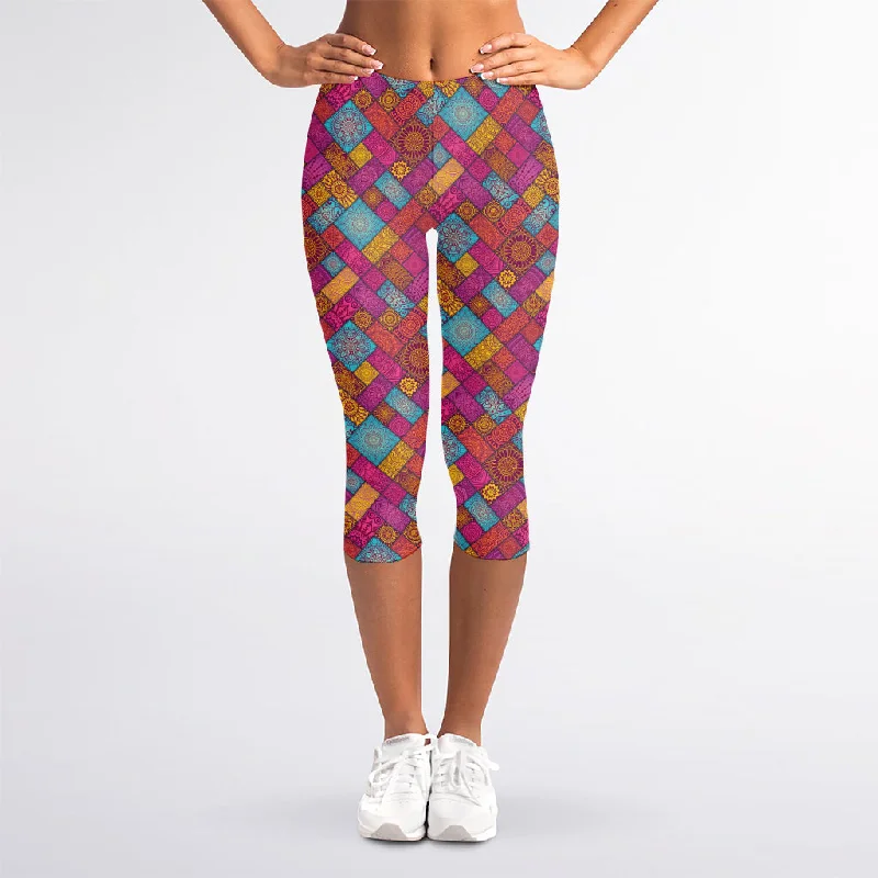 Indian Patchwork Pattern Print Women's Capri Leggings Chic Workout Leggings
