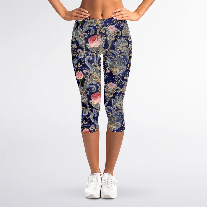 Indian Rose Paisley Pattern Print Women's Capri Leggings Trendy Activewear Leggings