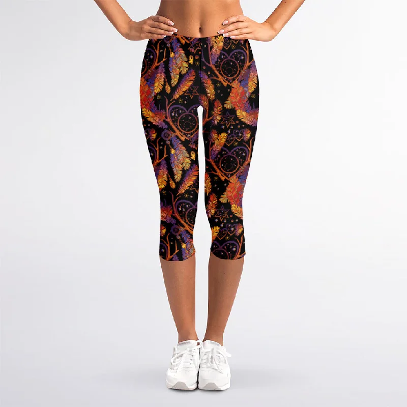 Indian Tribal Dream Catcher Print Women's Capri Leggings Comfortable Fleece-Lined Leggings Indian Tribal Dream Catcher Print Women's Capri Leggings Comfortable Fleece-Lined Leggings