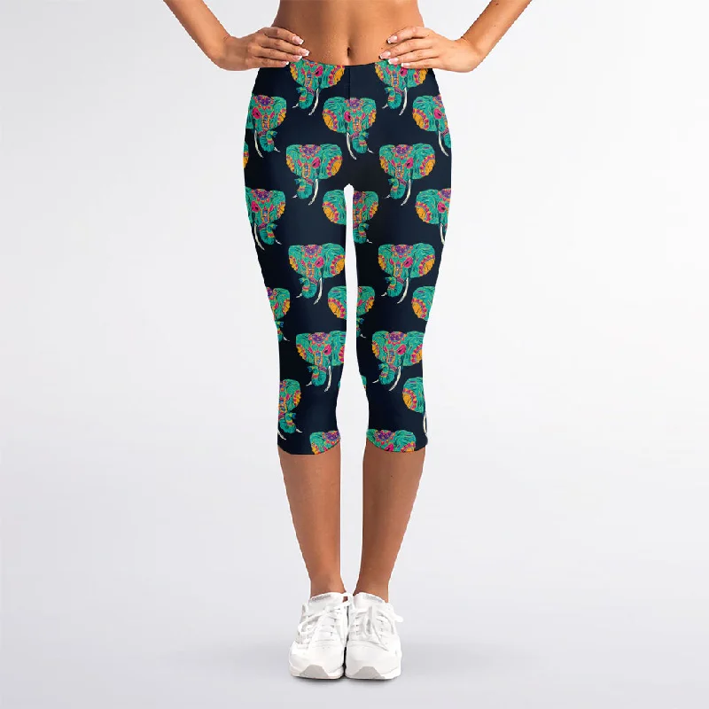 Indian Tribal Elephant Pattern Print Women's Capri Leggings Stylish Ankle-Length Leggings Indian Tribal Elephant Pattern Print Women's Capri Leggings Stylish Ankle-Length Leggings
