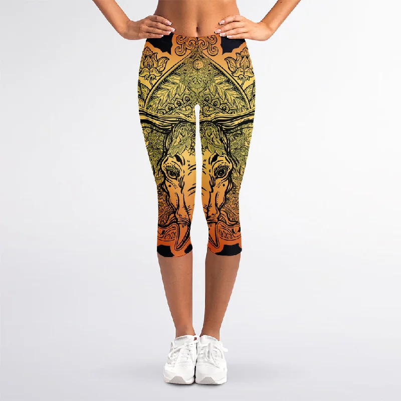 Indian Tribal Spiritual Elephant Print Women's Capri Leggings Elegant Black Leggings Indian Tribal Spiritual Elephant Print Women's Capri Leggings Elegant Black Leggings