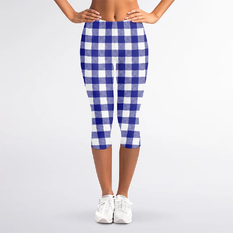 Indigo Blue And White Gingham Print Women's Capri Leggings Trendy Flared Leggings