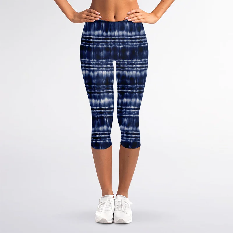 Indigo Dye Shibori Print Women's Capri Leggings Stylish Ultra Stretch Leggings
