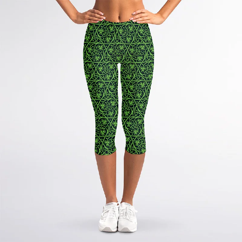 Irish Shamrock Pattern Print Women's Capri Leggings Trendy Cold Weather Tights