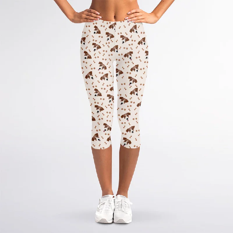 Jack Russell Terrier And Bone Print Women's Capri Leggings Trendy Foil Finish Leggings Jack Russell Terrier And Bone Print Women's Capri Leggings Trendy Foil Finish Leggings