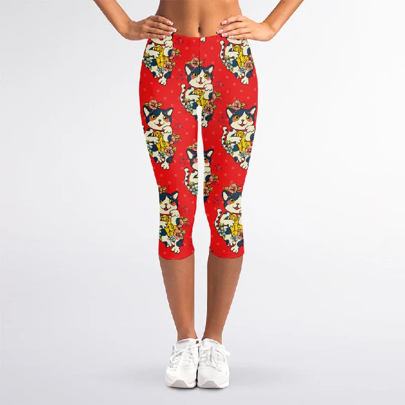 Japanese Cat Maneki Neko Pattern Print Women's Capri Leggings Trendy Side-Pocket Leggings Japanese Cat Maneki Neko Pattern Print Women's Capri Leggings Trendy Side-Pocket Leggings