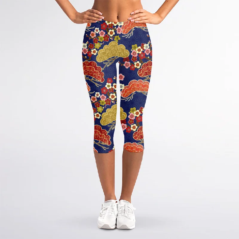 Japanese Cherry Blossom Pattern Print Women's Capri Leggings Stylish Patterned Active Leggings Japanese Cherry Blossom Pattern Print Women's Capri Leggings Stylish Patterned Active Leggings