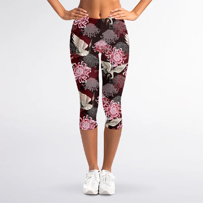 Japanese Cranes And Chrysanthemums Print Women's Capri Leggings Trendy Tie-Dye Leggings Japanese Cranes And Chrysanthemums Print Women's Capri Leggings Trendy Tie-Dye Leggings