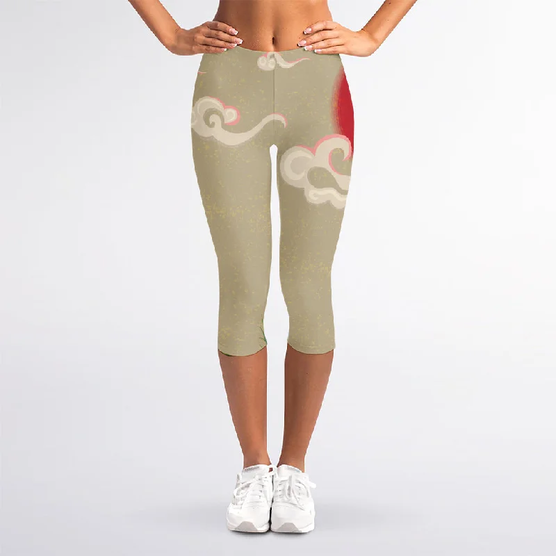 Japanese Cranes At Sunset Print Women's Capri Leggings Comfortable Plus Size Leggings Japanese Cranes At Sunset Print Women's Capri Leggings Comfortable Plus Size Leggings
