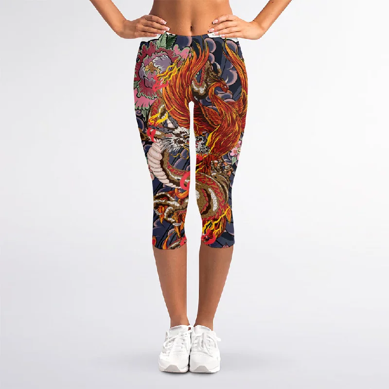 Japanese Dragon And Phoenix Tattoo Print Women's Capri Leggings Cozy Ribbed Leggings Japanese Dragon And Phoenix Tattoo Print Women's Capri Leggings Cozy Ribbed Leggings
