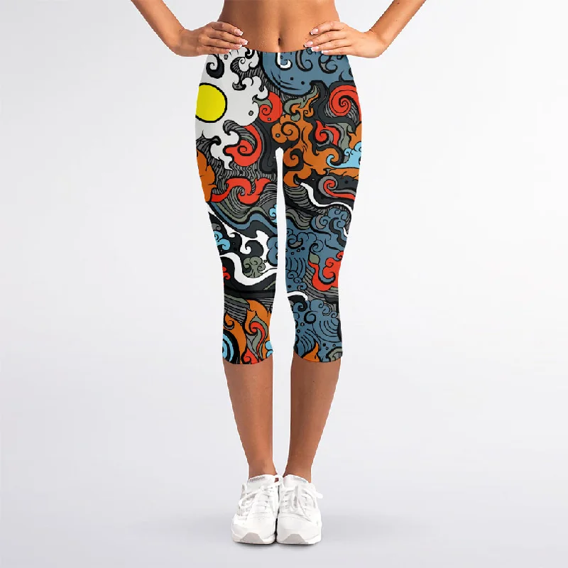 Japanese Elemental Tattoo Print Women's Capri Leggings Comfortable Workout Fitness Leggings Japanese Elemental Tattoo Print Women's Capri Leggings Comfortable Workout Fitness Leggings