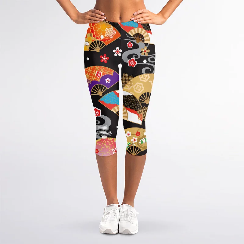 Japanese Hand Fan Pattern Print Women's Capri Leggings Comfortable Compression Leggings Japanese Hand Fan Pattern Print Women's Capri Leggings Comfortable Compression Leggings