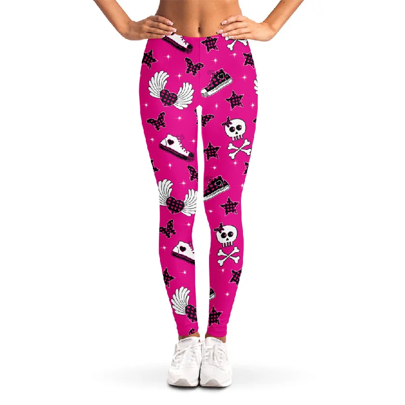 Pink Emo Symbols Pattern Print Women's Leggings Stylish Capri Leggings