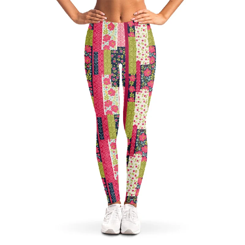 Pink Flower Patchwork Pattern Print Women's Leggings Comfortable Bootcut Workout Leggings Pink Flower Patchwork Pattern Print Women's Leggings Comfortable Bootcut Workout Leggings