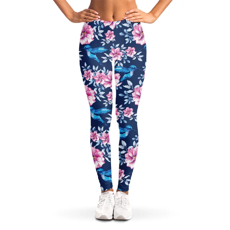 Pink Flowers And Hummingbird Print Women's Leggings Fashionable Ribbed Knit Leggings Pink Flowers And Hummingbird Print Women's Leggings Fashionable Ribbed Knit Leggings