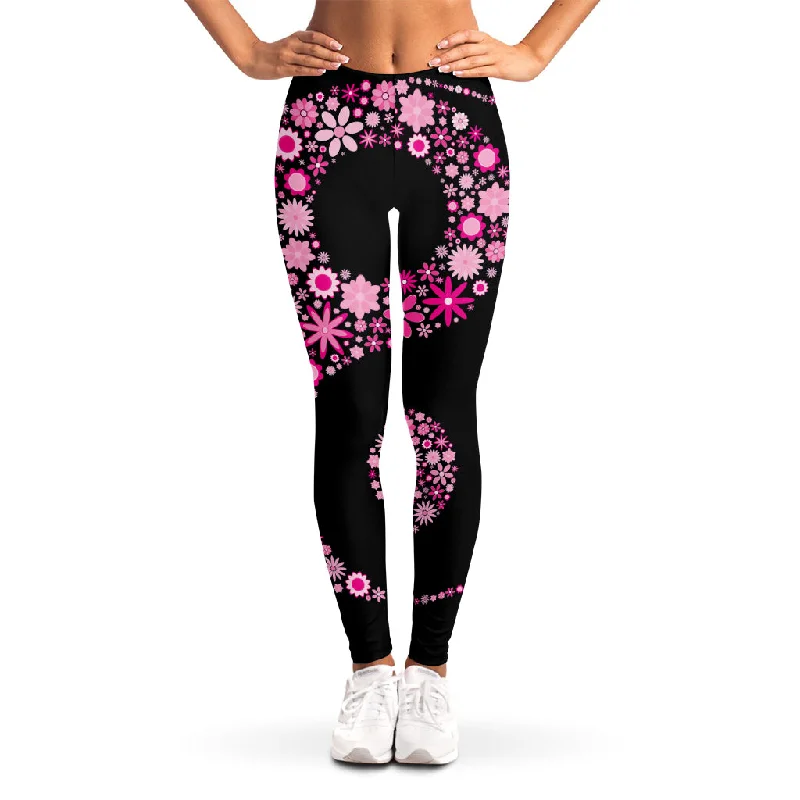 Pink Flowers Yin Yang Print Women's Leggings Stylish Compression Fit Leggings
