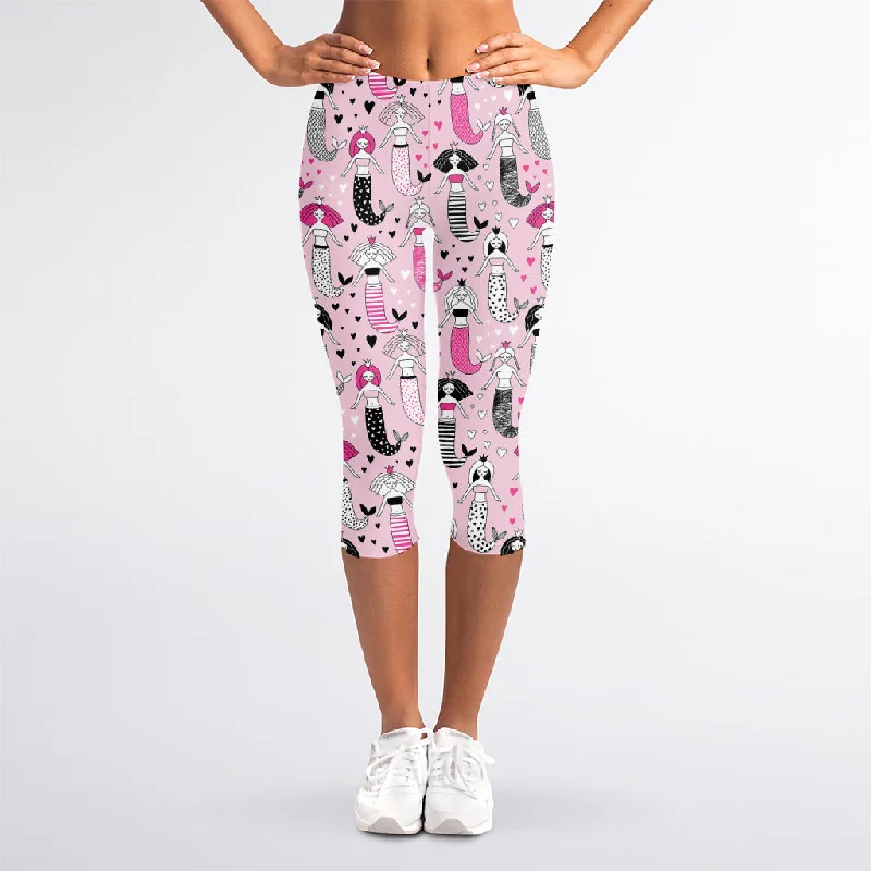 Pink Girly Mermaid Pattern Print Women's Capri Leggings Trendy High-Compression Leggings Pink Girly Mermaid Pattern Print Women's Capri Leggings Trendy High-Compression Leggings