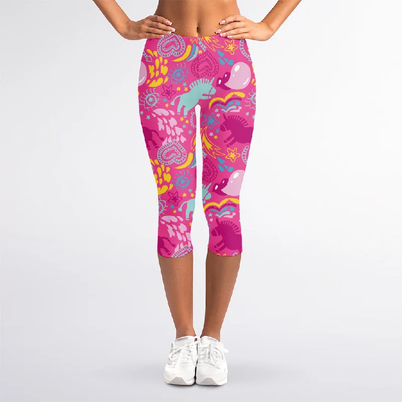 Pink Girly Unicorn Print Women's Capri Leggings Fashionable Stretchy Fit Leggings