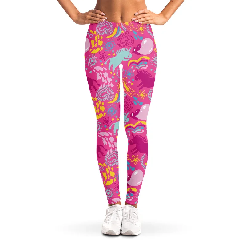 Pink Girly Unicorn Print Women's Leggings Trendy Digital Print Leggings