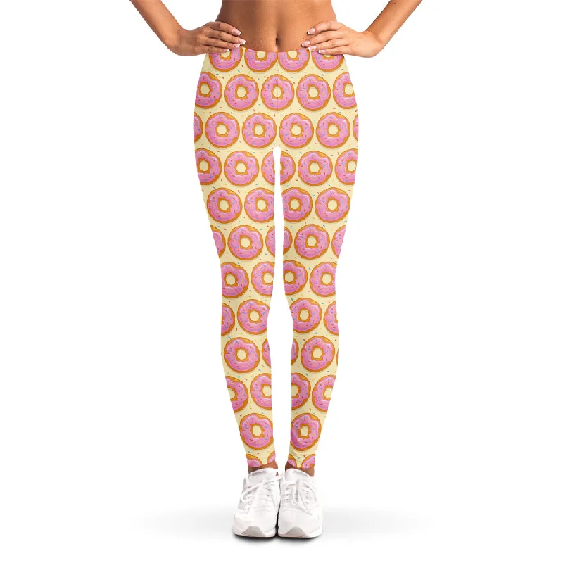 Pink Glazed Donut Pattern Print Women's Leggings Comfortable Tummy Shaping Leggings