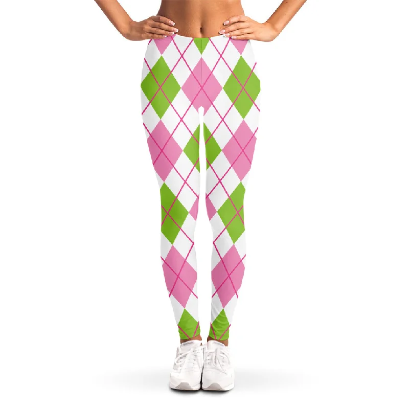 Pink Green And White Argyle Print Women's Leggings Chic Printed Yoga Pants