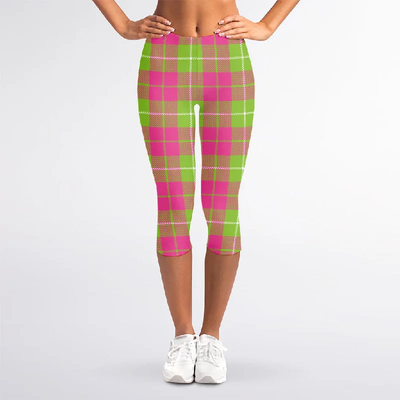 Pink Green And White Tartan Print Women's Capri Leggings Fashionable Solid Color Tights Pink Green And White Tartan Print Women's Capri Leggings Fashionable Solid Color Tights
