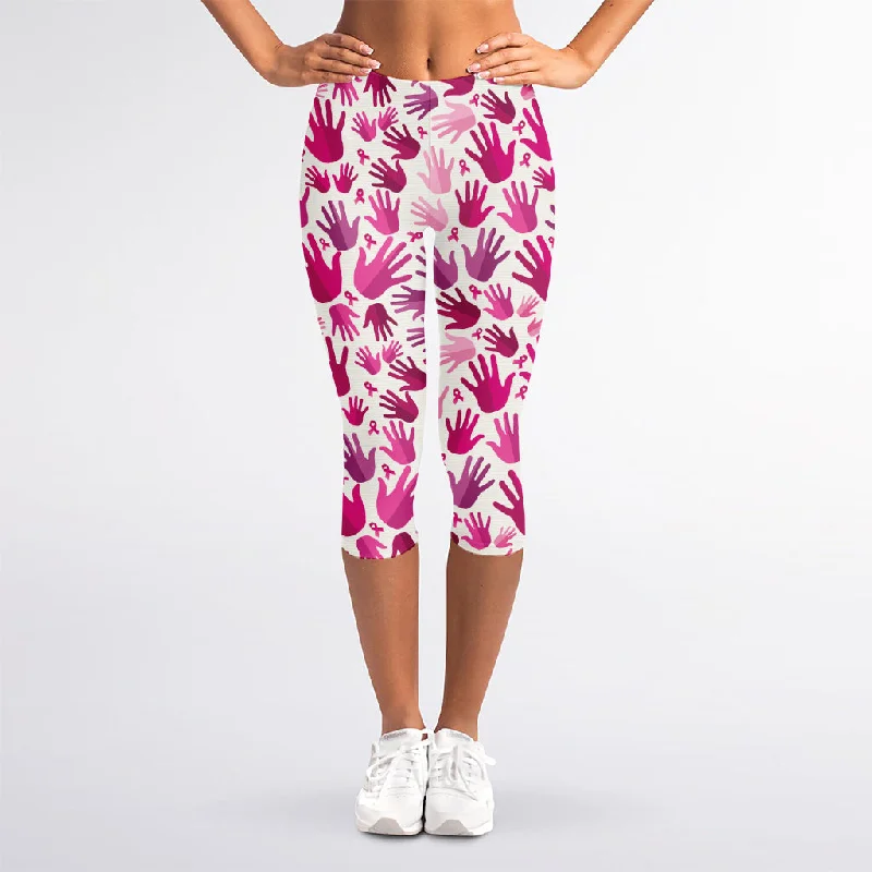 Pink Hand Breast Cancer Pattern Print Women's Capri Leggings Cozy Fashion Leggings