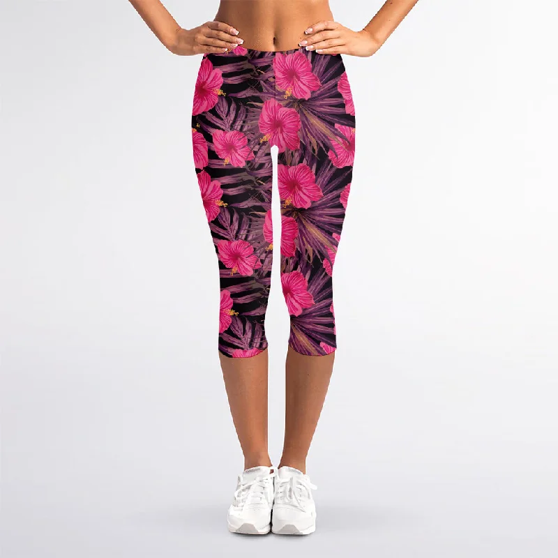 Pink Hawaiian Hibiscus Pattern Print Women's Capri Leggings Trendy Sweat-Wicking Workout Leggings Pink Hawaiian Hibiscus Pattern Print Women's Capri Leggings Trendy Sweat-Wicking Workout Leggings