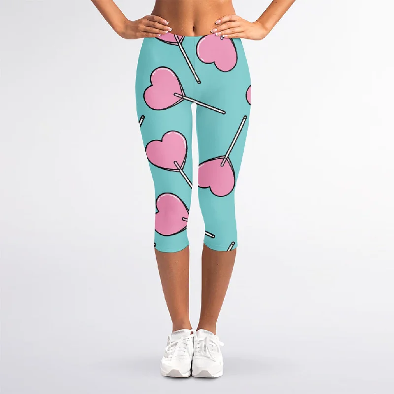 Pink Heart Lollipop Pattern Print Women's Capri Leggings Fashionable Embroidered Detail Leggings Pink Heart Lollipop Pattern Print Women's Capri Leggings Fashionable Embroidered Detail Leggings