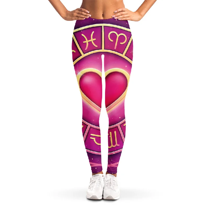 Pink Heart Zodiac Wheel Print Women's Leggings Cozy Lounge Pants Leggings