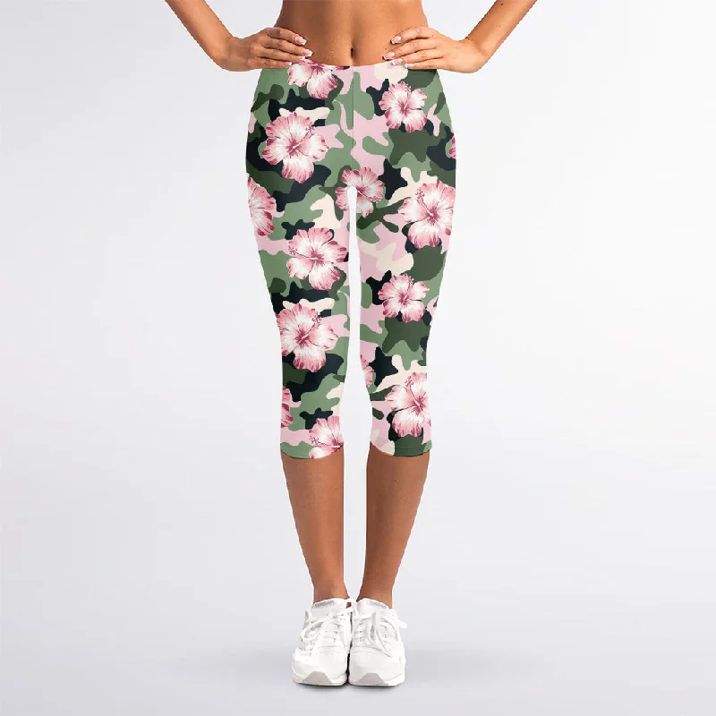 Pink Hibiscus Flower Camouflage Print Women's Capri Leggings Trendy Sporty Compression Leggings Pink Hibiscus Flower Camouflage Print Women's Capri Leggings Trendy Sporty Compression Leggings