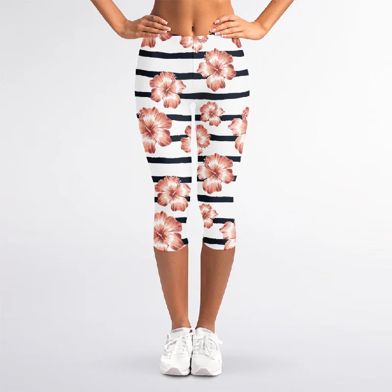 Pink Hibiscus Striped Pattern Print Women's Capri Leggings Fashionable Sports Compression Leggings Pink Hibiscus Striped Pattern Print Women's Capri Leggings Fashionable Sports Compression Leggings