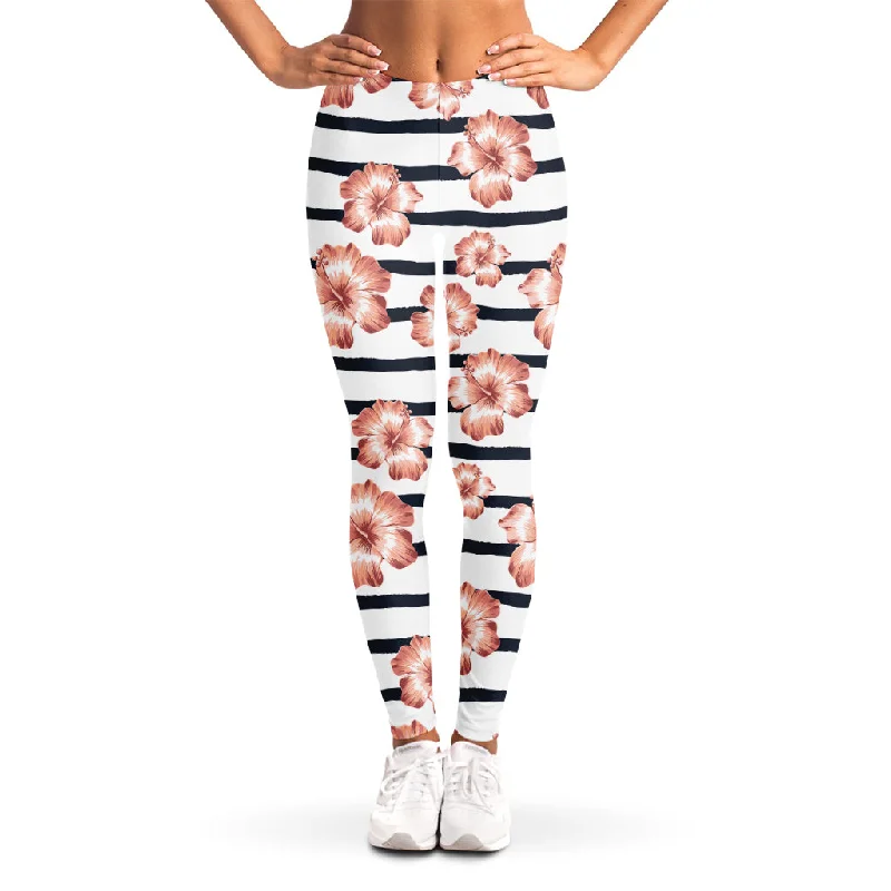 Pink Hibiscus Striped Pattern Print Women's Leggings Cozy Reflective Detail Leggings Pink Hibiscus Striped Pattern Print Women's Leggings Cozy Reflective Detail Leggings